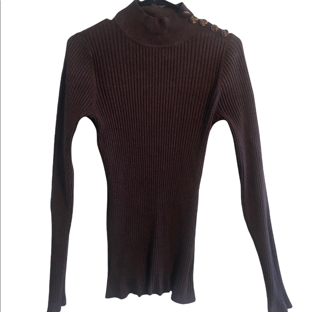 INC International Concepts Button Mockneck Heather Brown Knit Sweater Top NWT